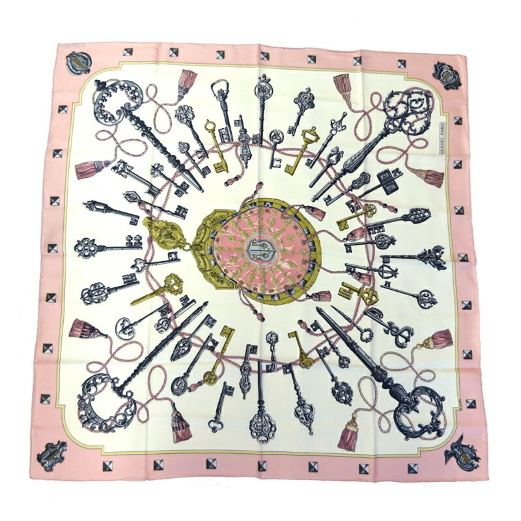 Hermes Carre 90 Les Cles Key Pattern Ladies Scarf Silk 100% Pink